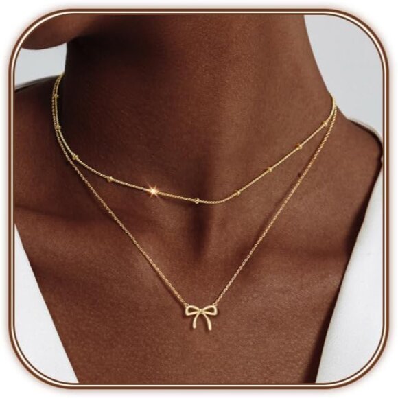 Elegant 14K Gold Bow Necklace for Women - Adjustable Dainty Choker Gift - Picture 2 of 8
